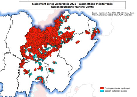 Carte du classement zones vulnérables 2021 – Région Bourgogne-Franche-Comté